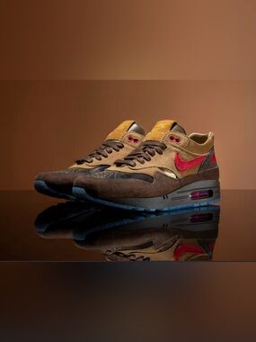 Nike Men's Brown Suede Sneakers with Red Swoosh and Tan Accents